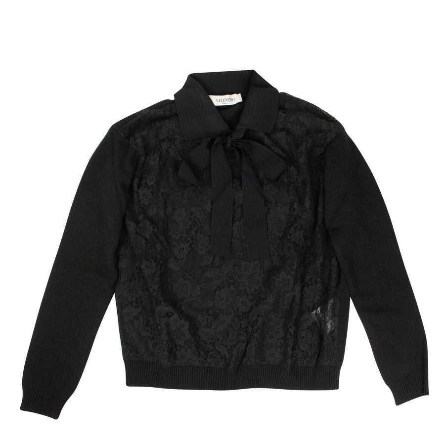 Laced Front Collared Sweater Top - Black