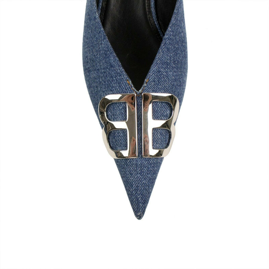 Vintage Denim Leather Kitten Heel Mules - Blue