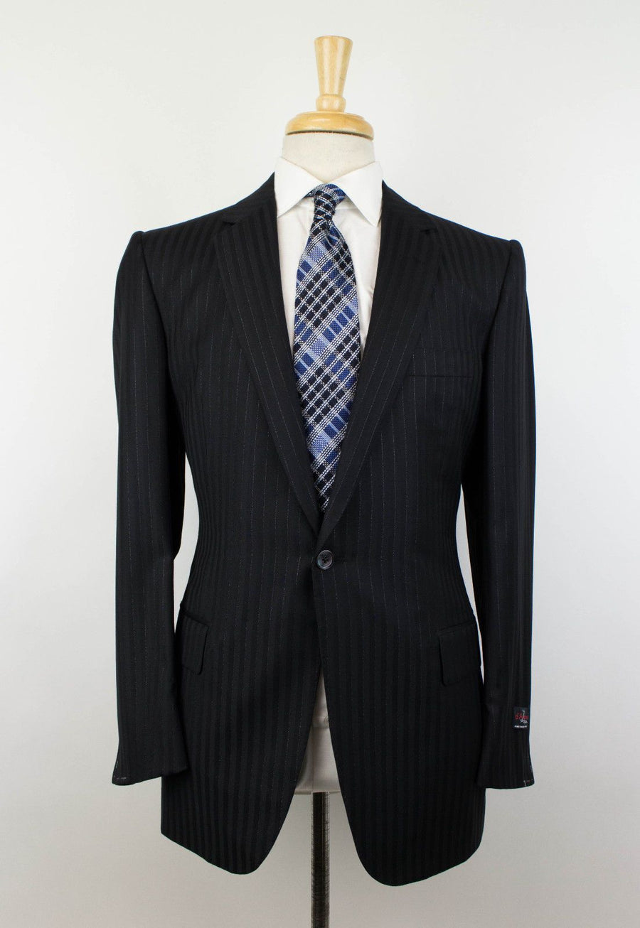 Drop 6 Striped Wool 1 Button Suit - Black