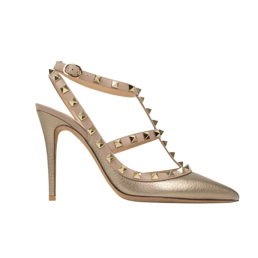 Metallic Leather Rockstud Caged Pumps - Gold / Blush