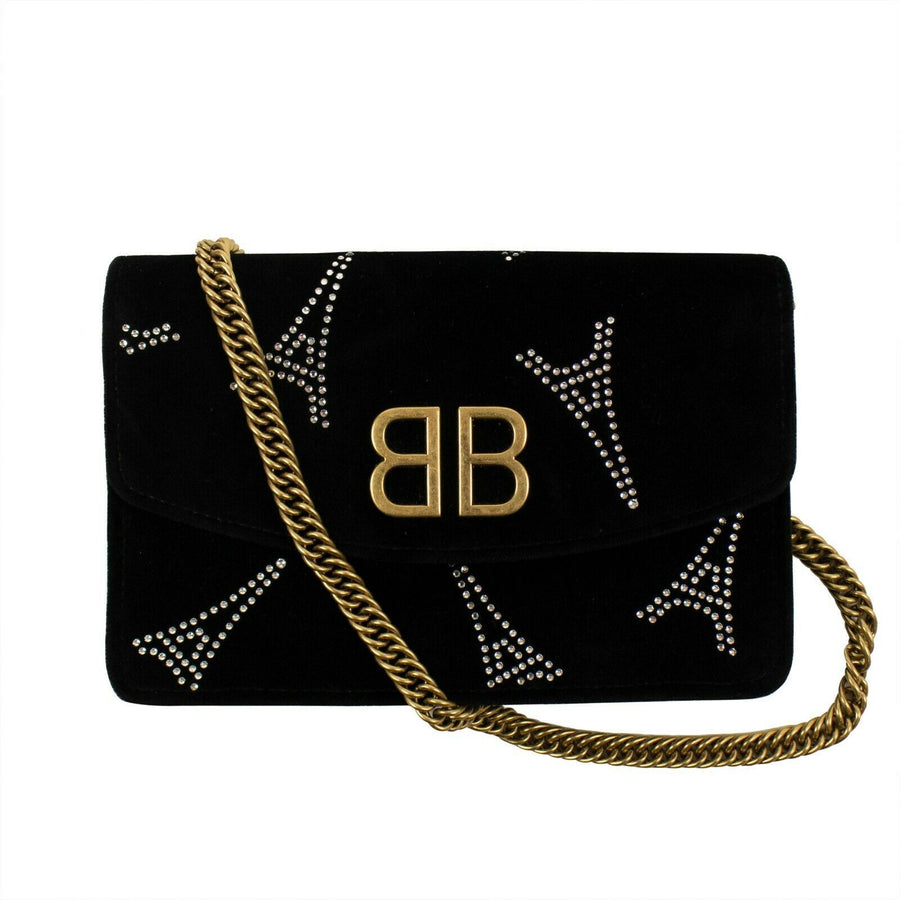 Velvet With Silver Eiffel Tower Embellished Shoulder Bag - Black