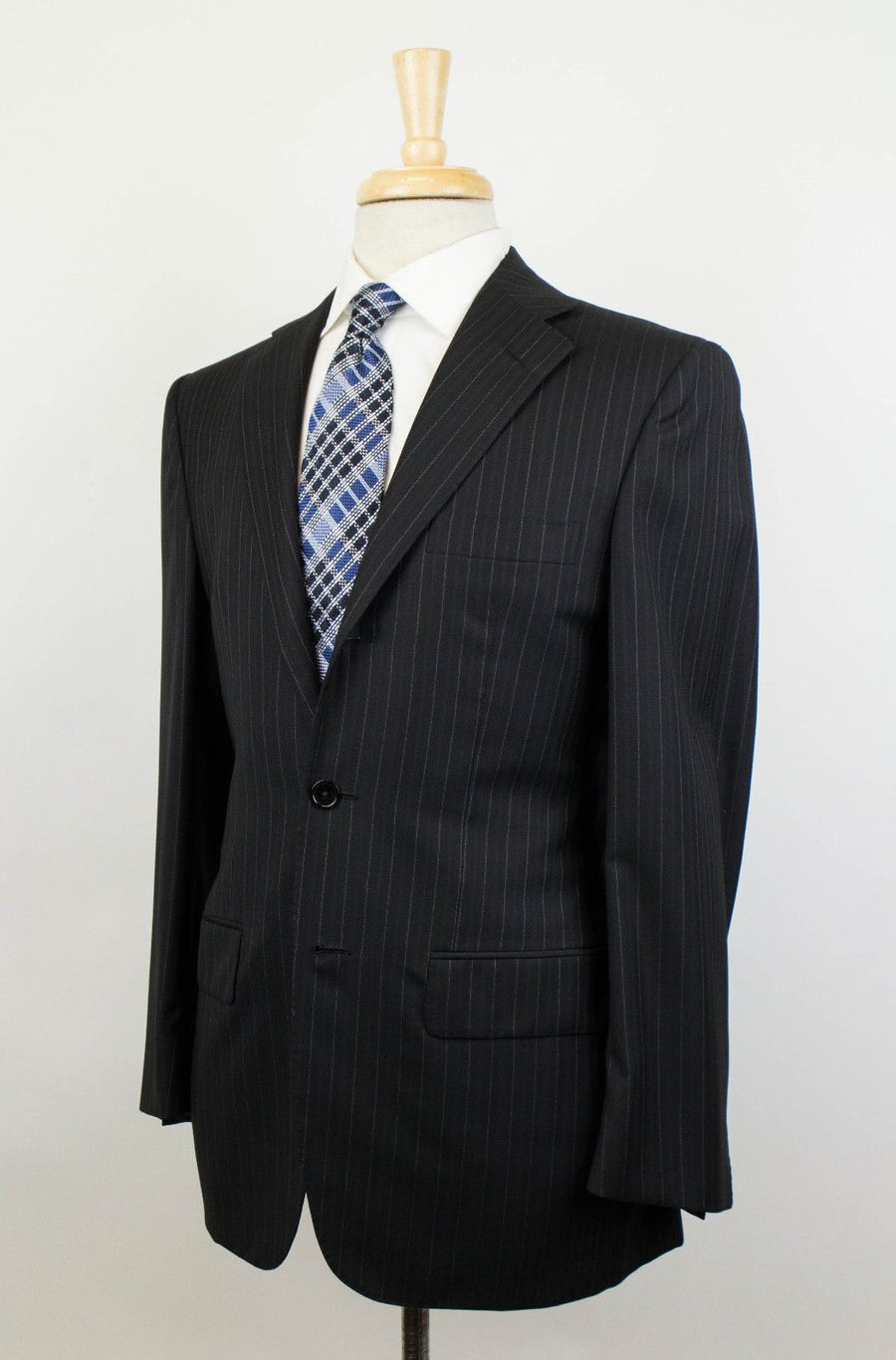 Pin Striped Wool 3 Roll 2 Button Suit - Black