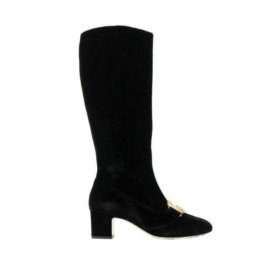 Women's Velvet Malaga Kid Logo Block Heel Boots - Black