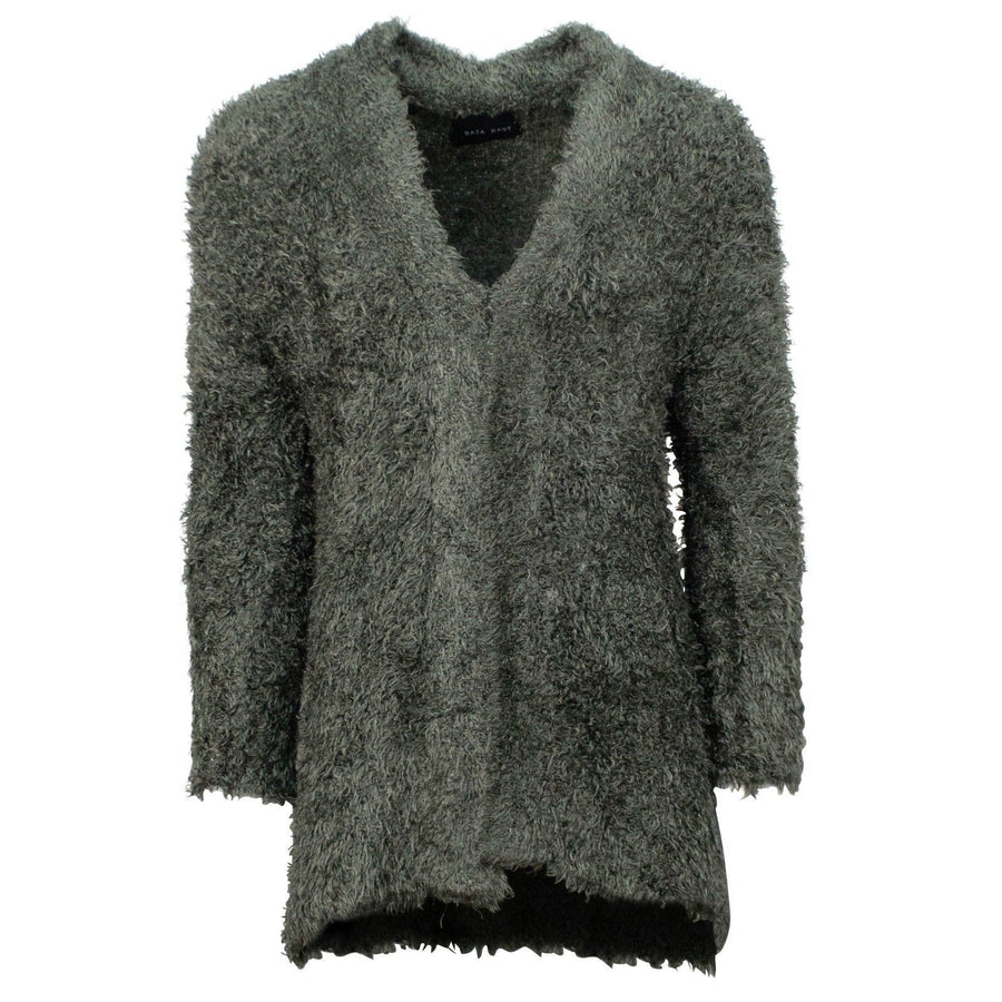 Fuzzy Silk Blend Long Cardigan Sweater - Olive Green