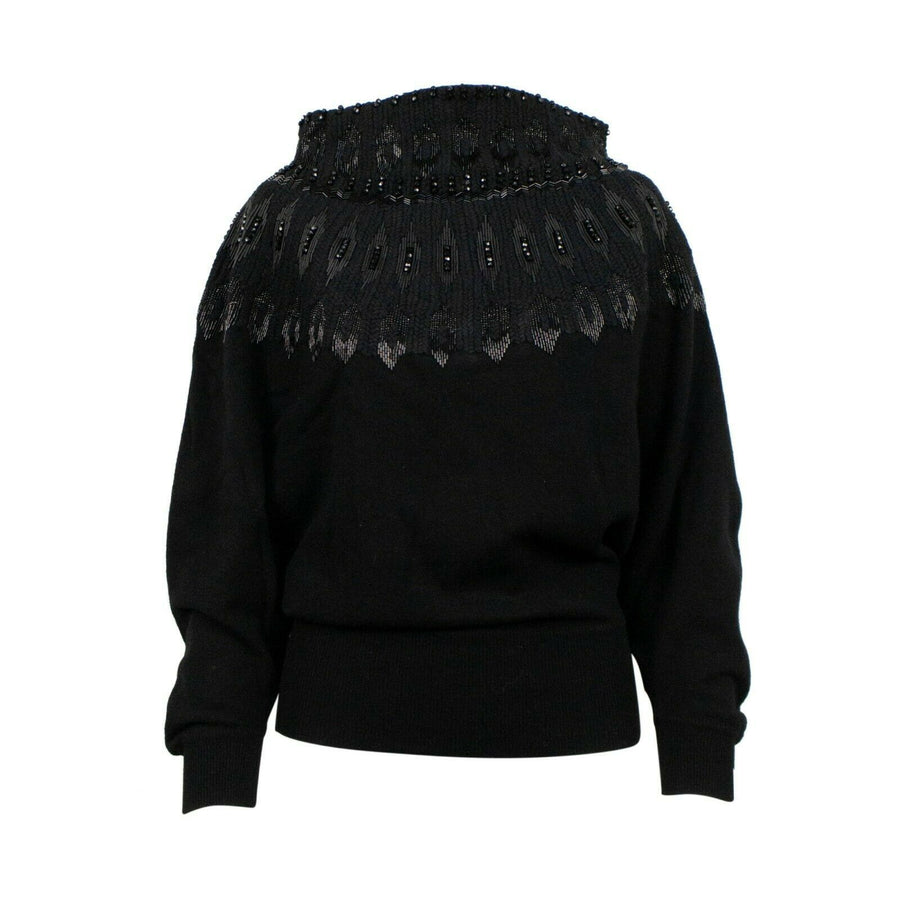 Beaded Embellished Wool Turtleneck Sweater - Black