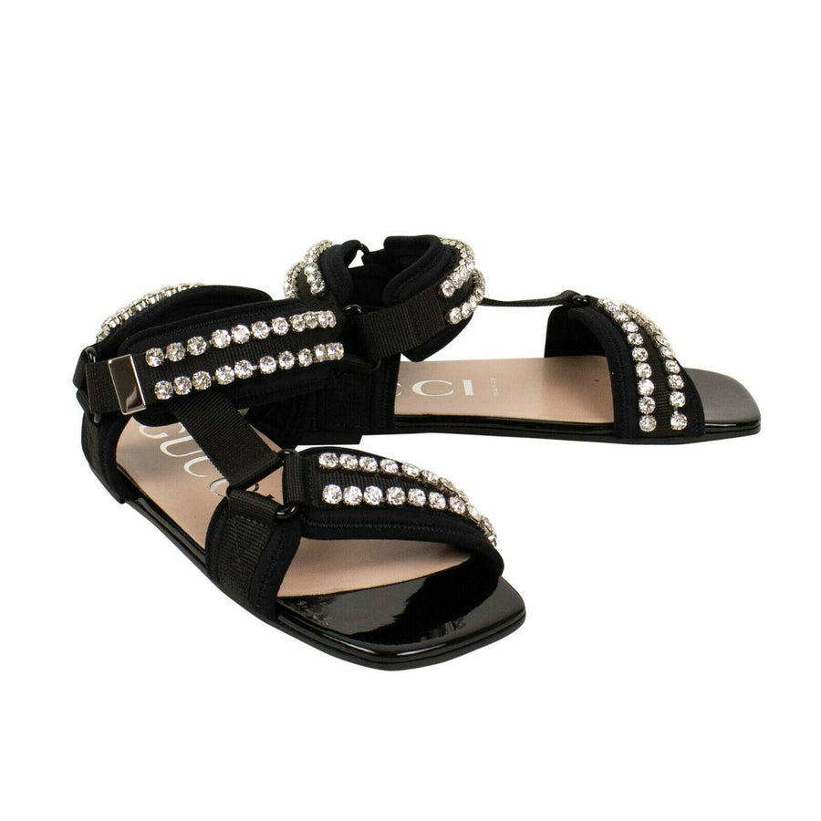 Women's Gucci Crystal Embellished Velcro Sandals - Black