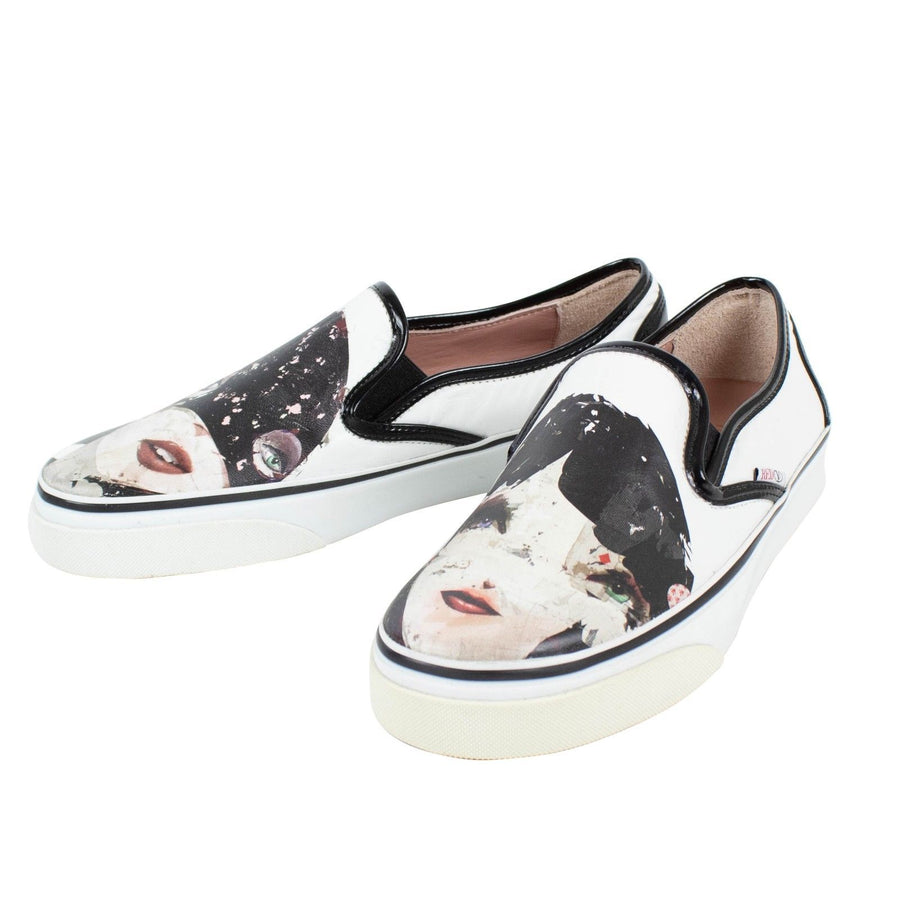 Printed Leather Faces Sneaker Flat - White / Multi