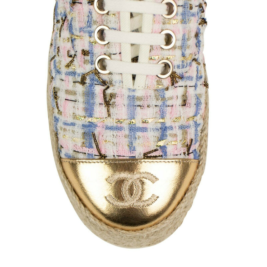 Tweed And Leather Lace Up Espadrille Sneakers - Pink / Blue / Gold