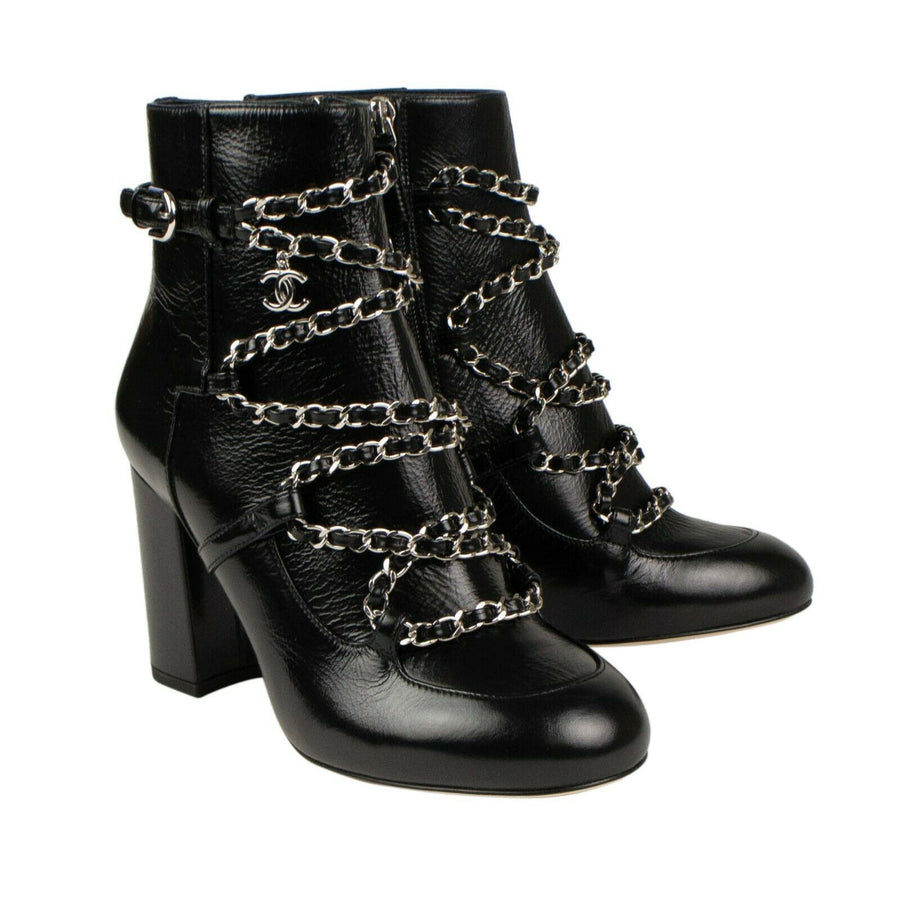 Calfskin Leather Chain Short Boots - Black