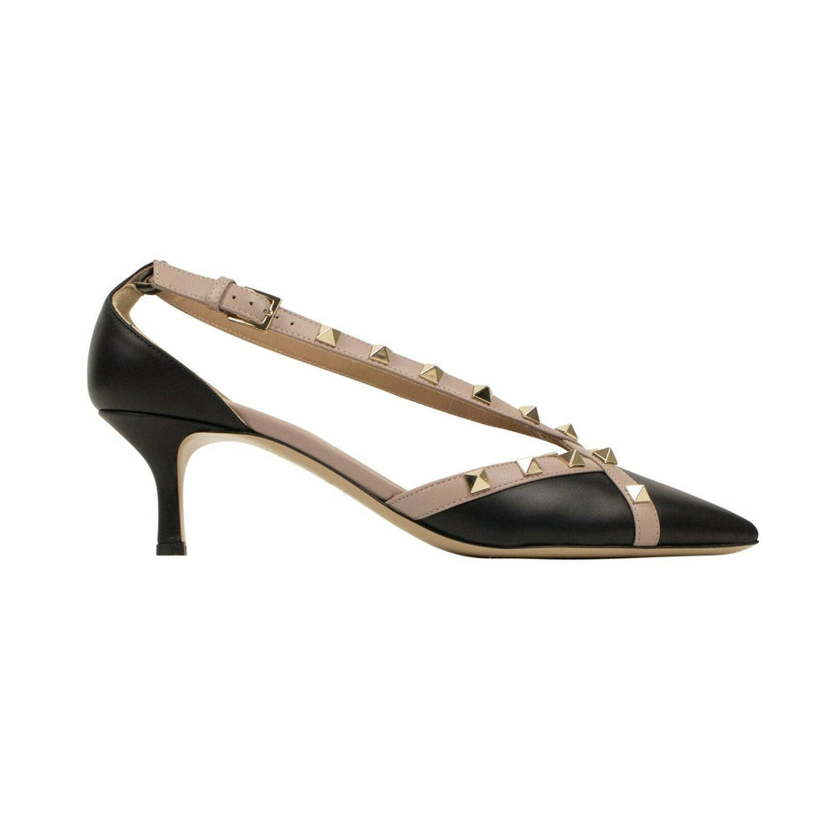 Leather Rockstud Cross Strap Kitten Pumps - Black / Blush