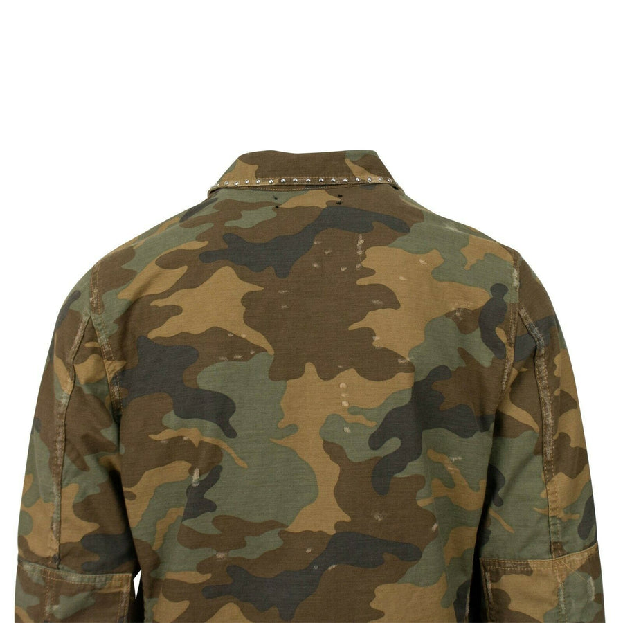 Camo Distressed Studded Button Down Military Jacket - Green