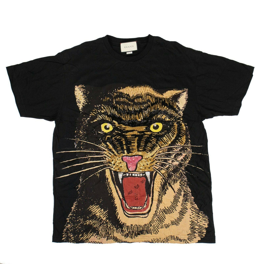 Cotton Tiger Embroidered Design Over-Sized T-Shirt - Black