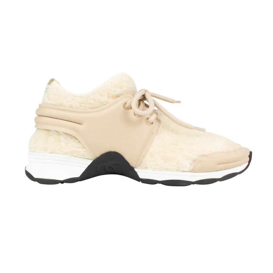 Furry Stretch Fabric And Satin Sneakers - Beige