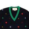 Wool GG Multi-Color Logo Print V-Neck Sweater - Navy