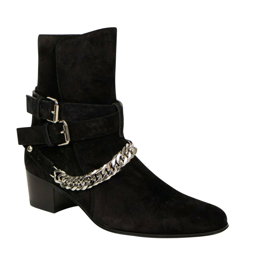 Suede Buckle Chain Boots - Black