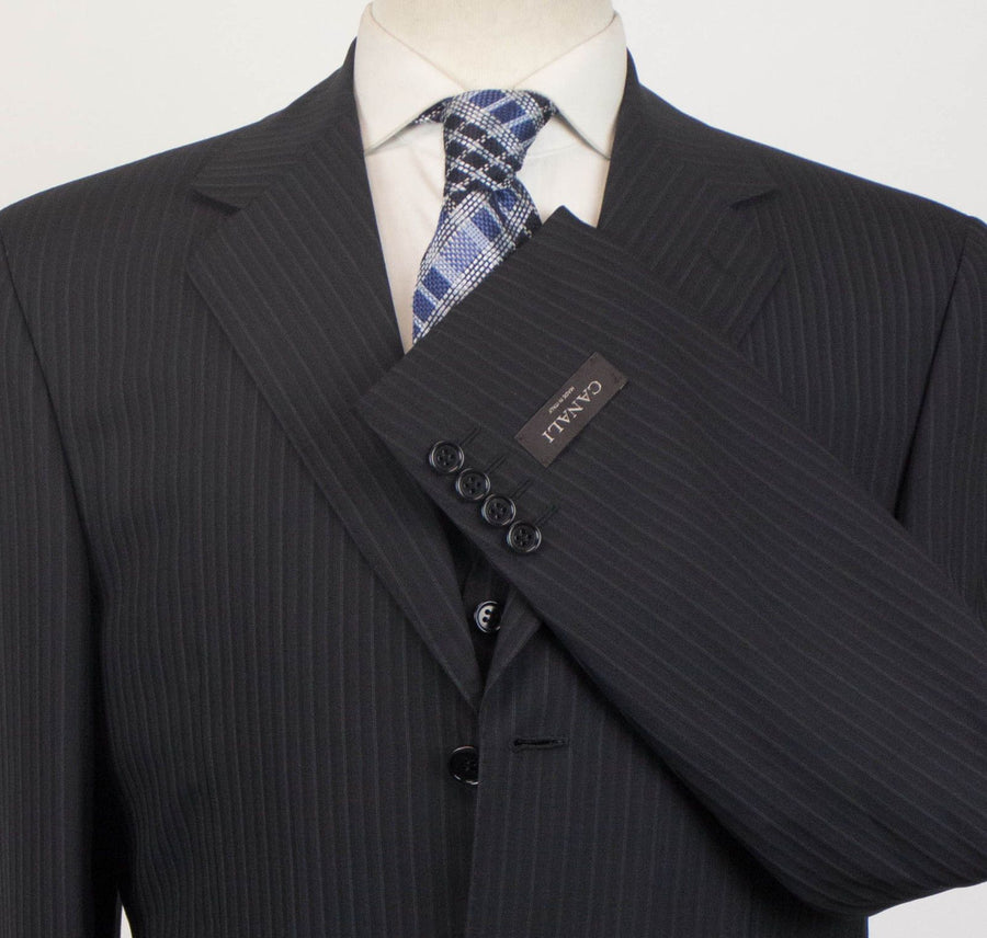 Drop 7 Striped Wool 3 Button 3 Piece Suit - Black