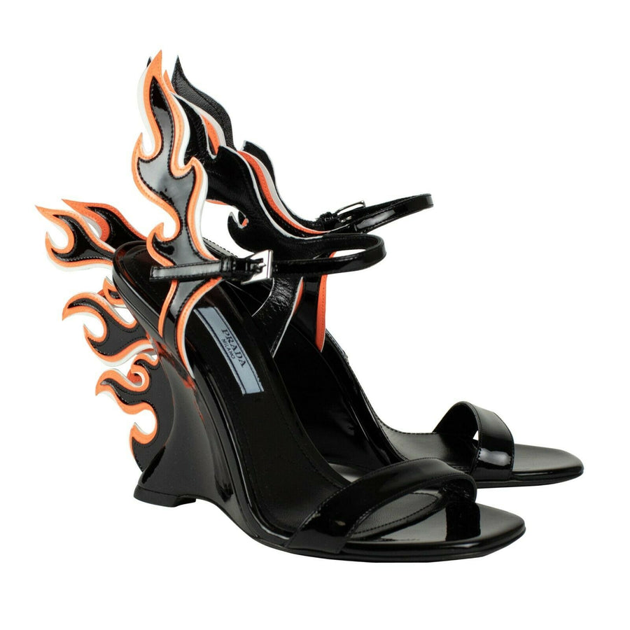 Patent Leather Flame Sandals Wedges - Black