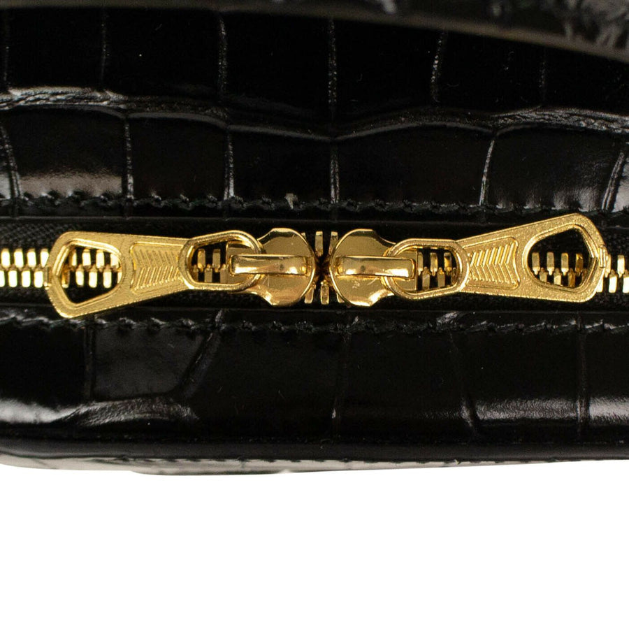 Leather Embossed Crocodile Vanity Mini Shoulder Bag - Black