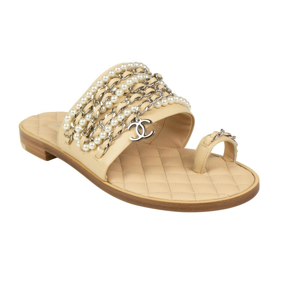 Chanel Leather Silver Pearl Chain Logo Toe Ring Sandals