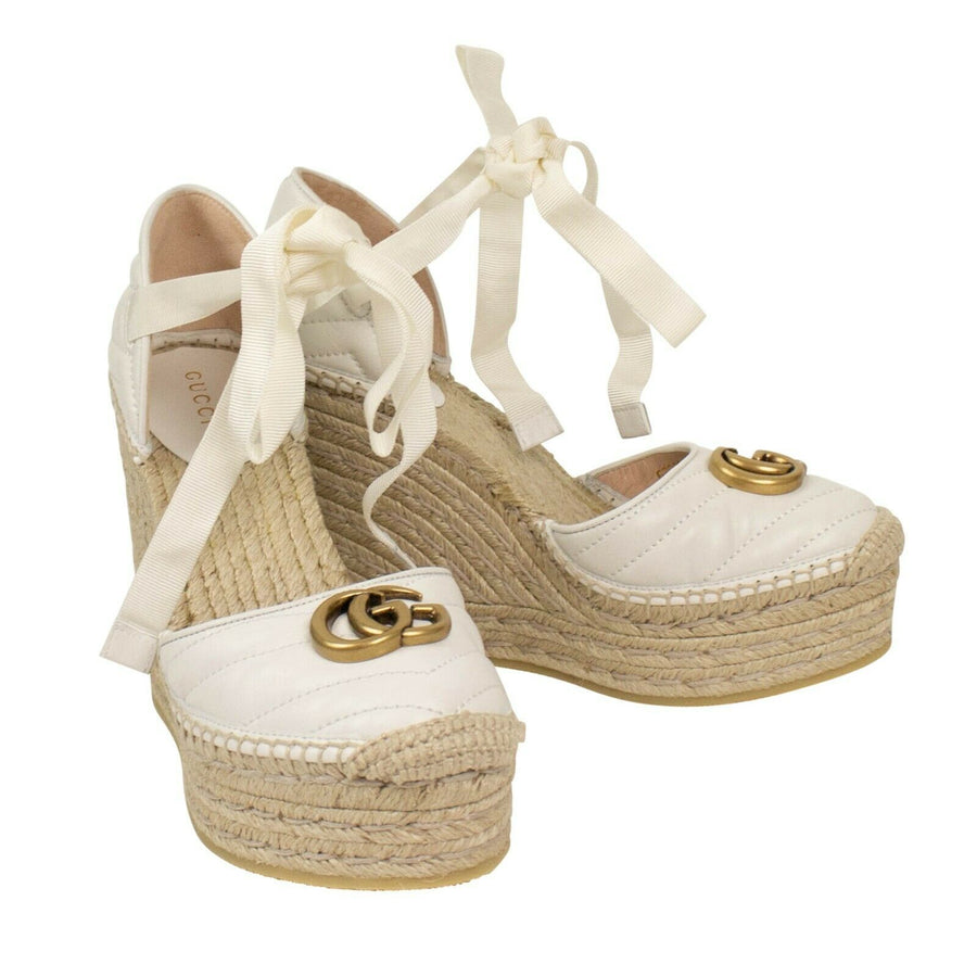 Leather Platform Espadrilles Pumps - White