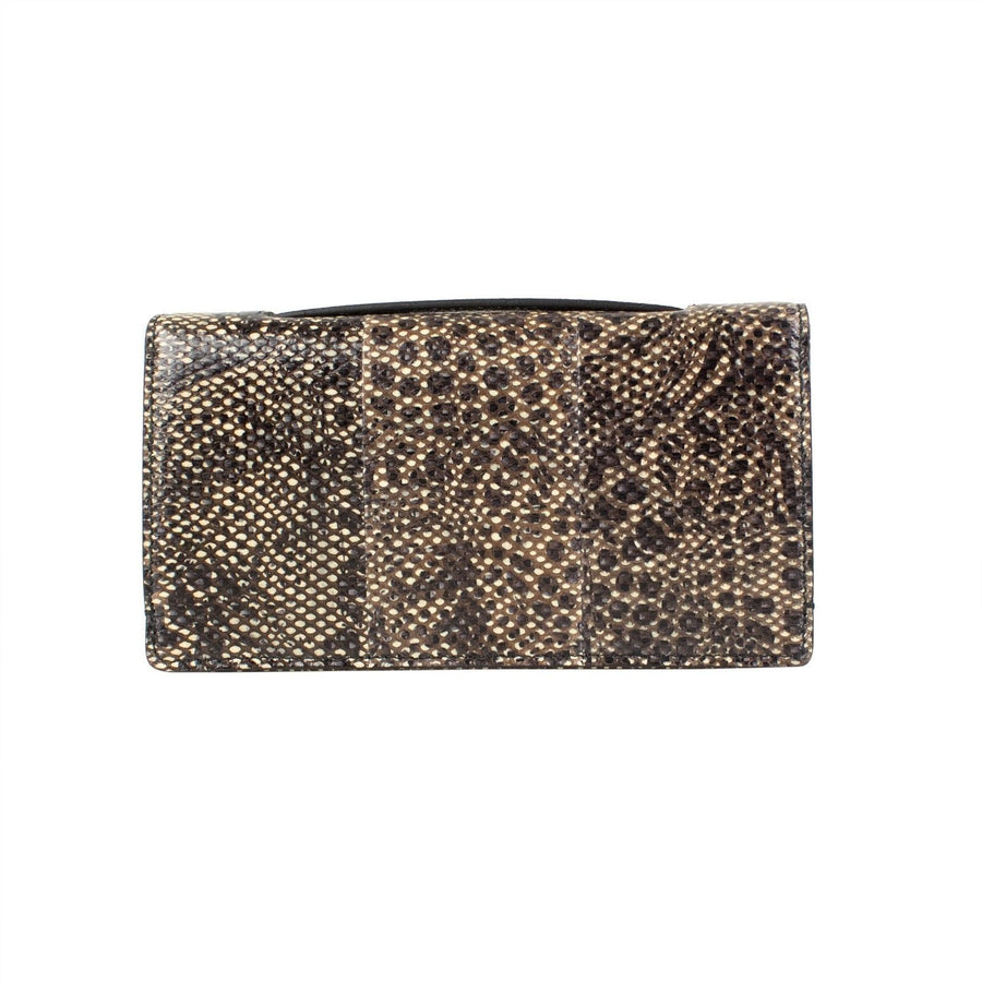 Snakeskin Leather Embellished Pouchette Clutch - Brown