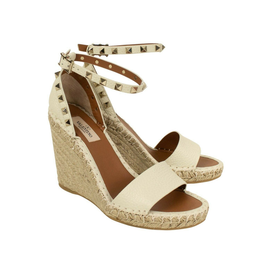 Leather 'Rockstud' 105mm Wedge Sandals Heels  - White