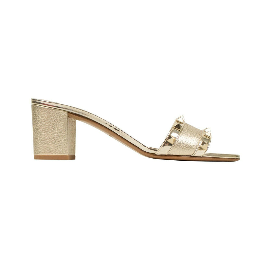 Rockstud Block Heel Mule Sandals - Gold