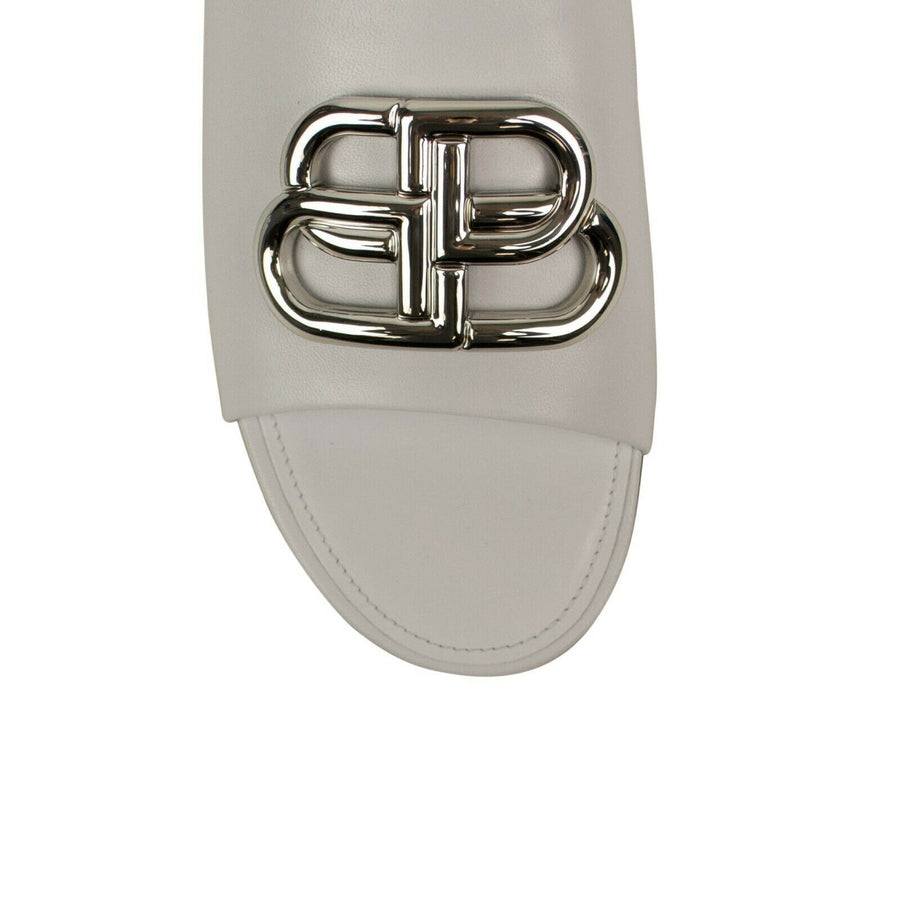 Leather Oval 'BB' Mule Sandal - White