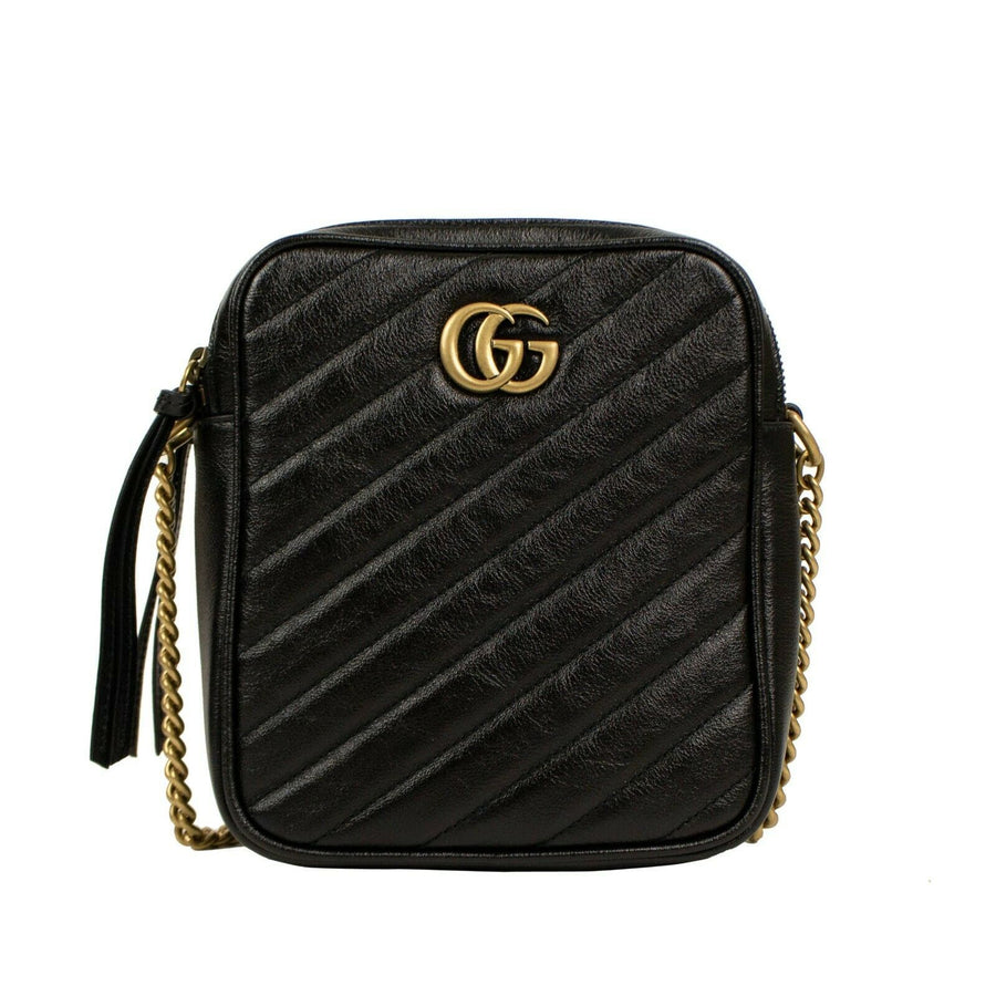 Quilted GG Marmont Tall Chevron Leather Cross Body Bag - Black