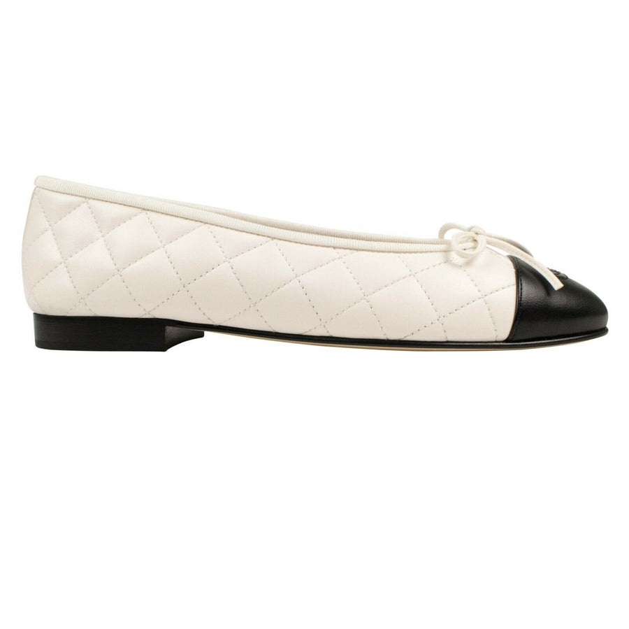 Quilted Leather Cap Toe Ballerina Flats - White