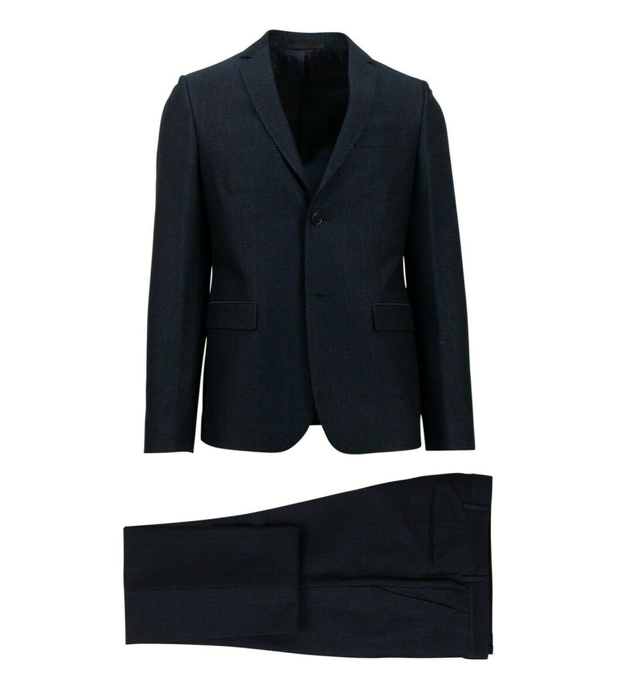 Herringbone 2 Button Wool Blend Suit - Navy Blue