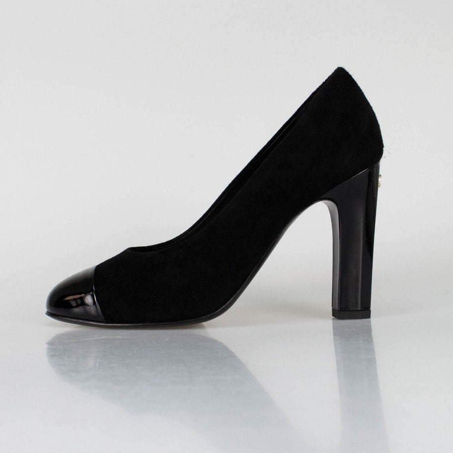 Suede And Patent Leather Cap Toe Pumps Heels - Black