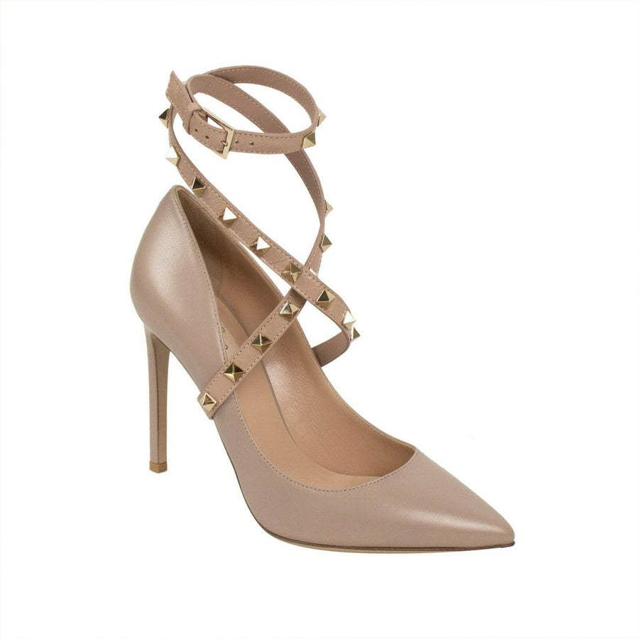 Leather Rockstud Ankle Strap Court Pumps - Pink