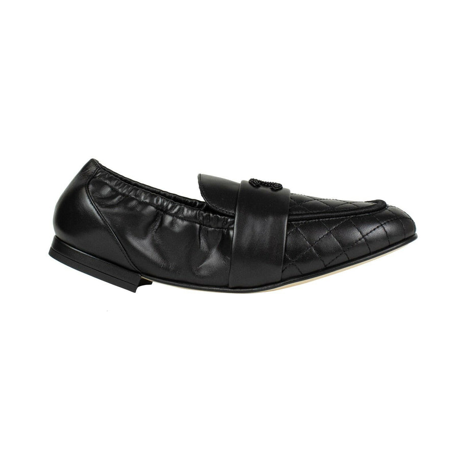 Quilted Lambskin Leather Logo Loafers Flats - Black