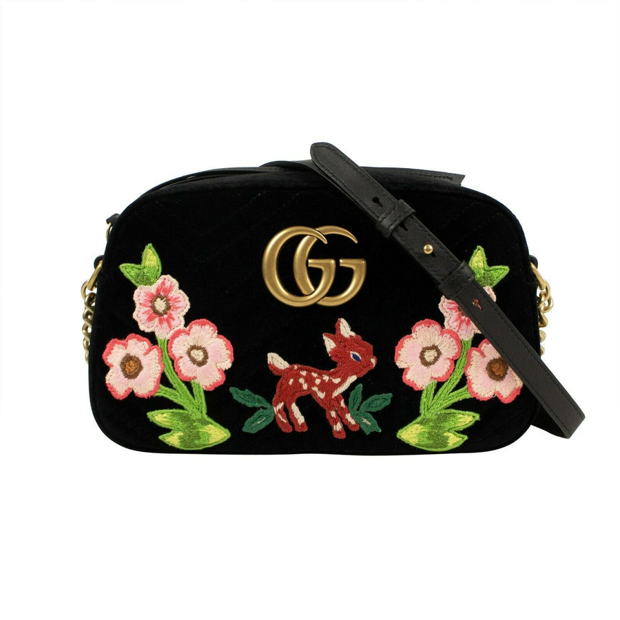 Velvet Embroidered Deer GG Marmont Small Crossbody Shoulder Bag - Black