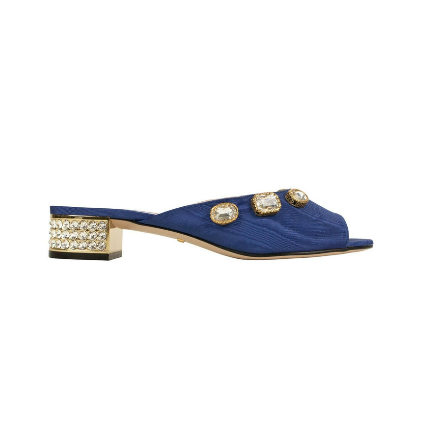 Women's Moiret Satin Open Toe Embellished Block Heel Mules - Blue