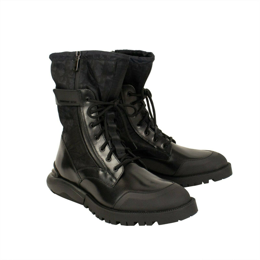 Leather Oblique Canvas Combat Boots - Black