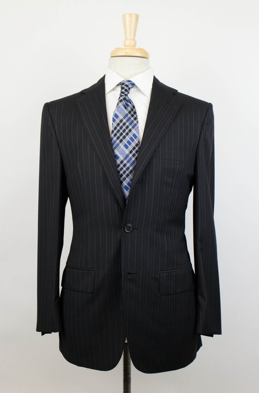 Pin Striped Wool 3 Roll 2 Button Suit - Black