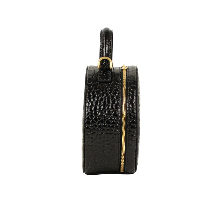 Leather Embossed Crocodile Vanity Mini Shoulder Bag - Black