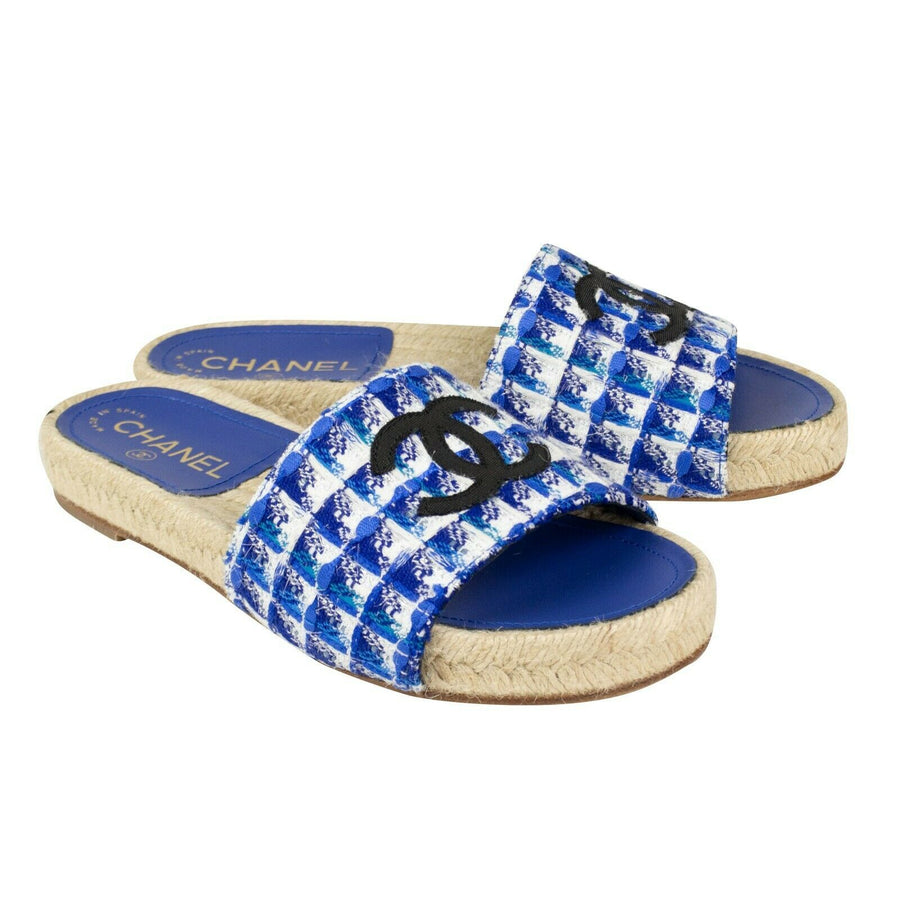 Tweed And Grosgrain Espadrille Slides - Blue