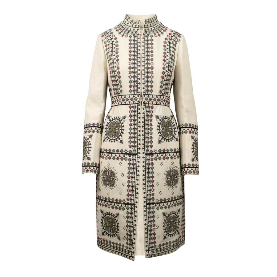 Wool Blend Embroidered Long Blazer Jacket - Ivory