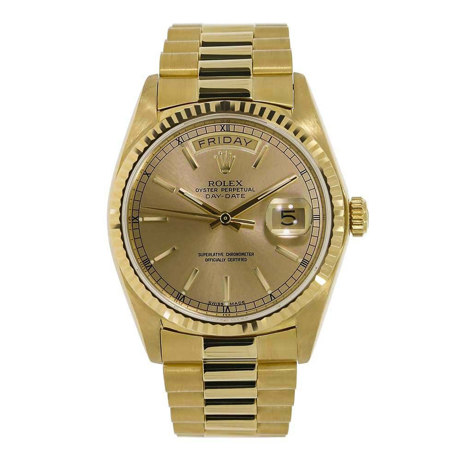 Rolex Day-Date, Vintage Yellow Gold Champagne Index Dial President Bracelet 36MM Watch 18038(PRE-OWNED)