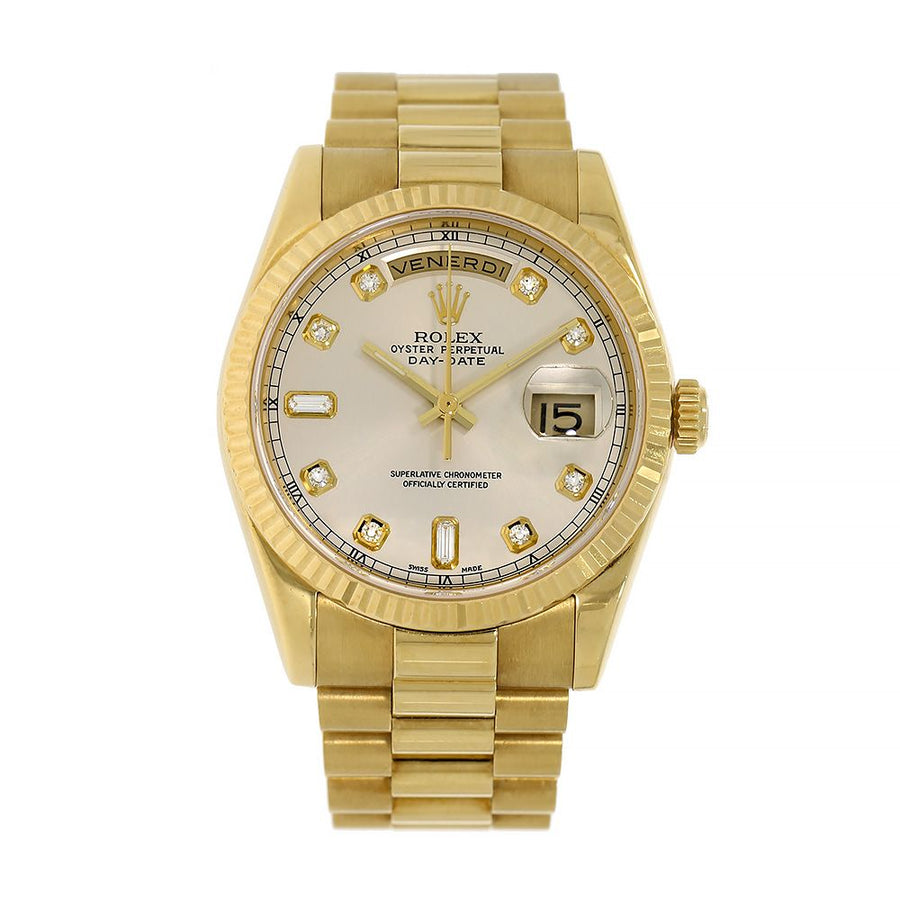 Rolex Day-Date 36, Yellow Gold Silver Tone Diamond Dial 36MM Watch 118238(PRE-OWNED)