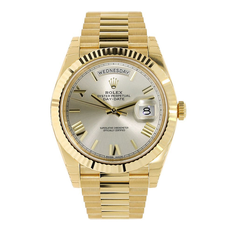 Rolex Day-Date 40, Yellow Gold Silver Dial President Bracelet 40MM Watch 228238