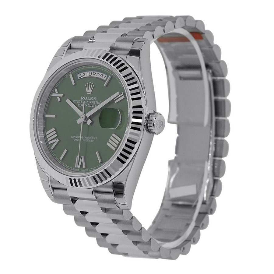 Rolex Day-Date 40, 18K White Gold Olive Roman Dial 40MM Watch 228239