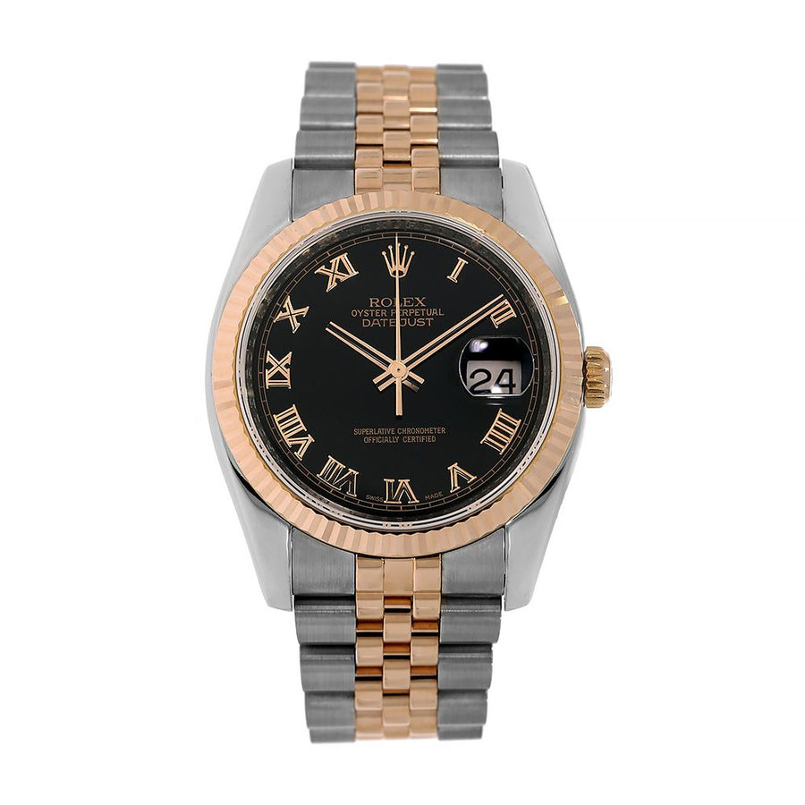 Rolex Datejust 36, Steel & Rose Gold Black Roman Dial 36MM Watch 116231(PRE-OWNED)