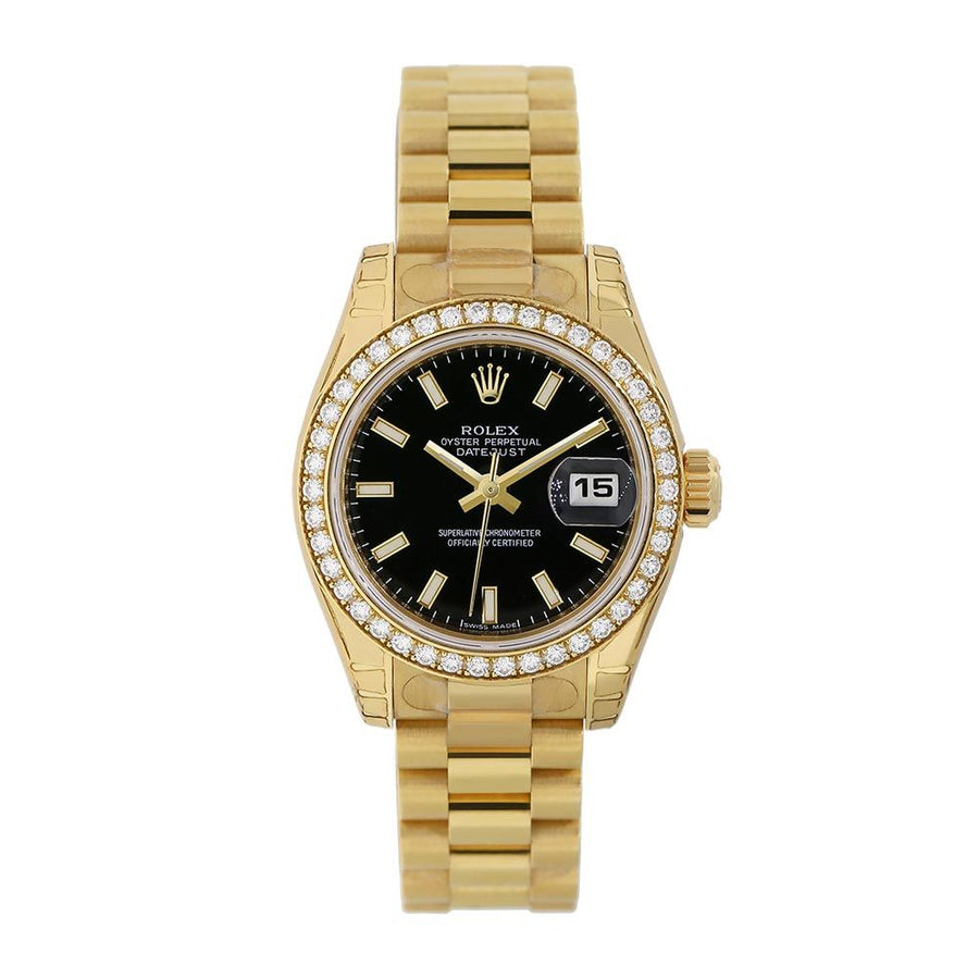 Rolex Lady Datejust, Yellow Gold Diamond Bezel Black Index Dial 26MM Watch 179138