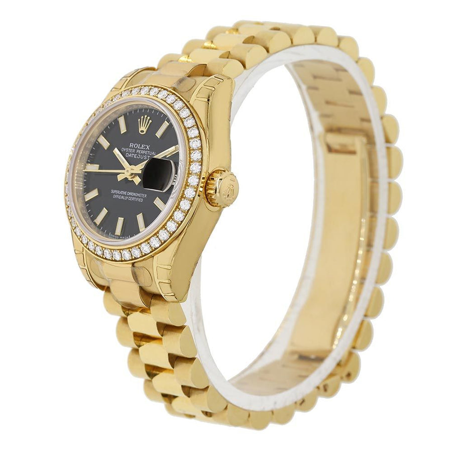 Rolex Lady Datejust, Yellow Gold Diamond Bezel Black Index Dial 26MM Watch 179138