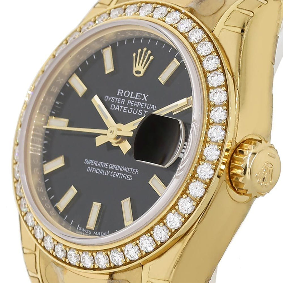 Rolex Lady Datejust, Yellow Gold Diamond Bezel Black Index Dial 26MM Watch 179138