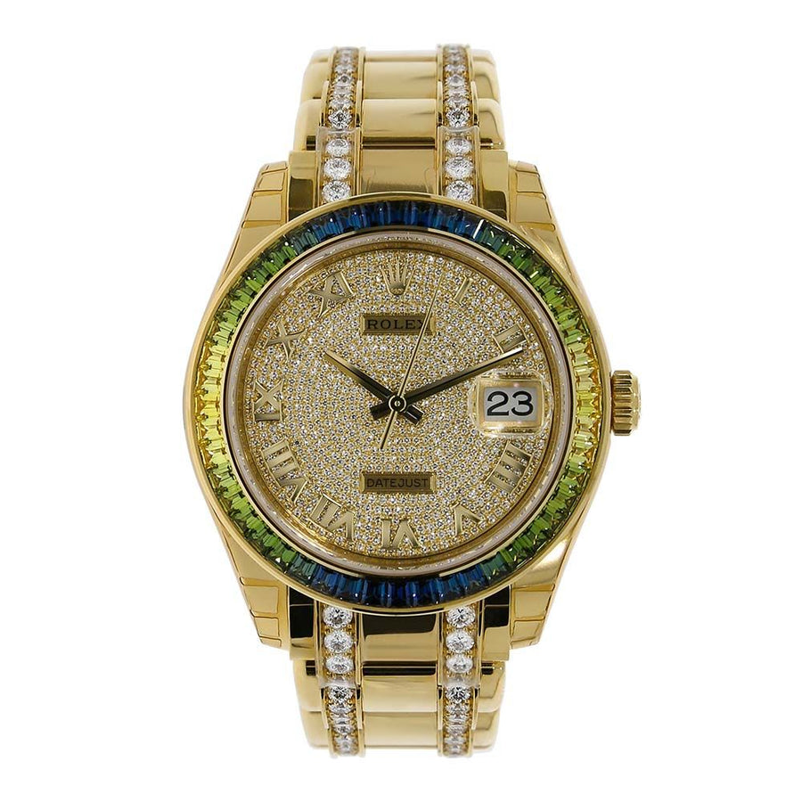 Rolex Pearlmaster 39, Datejust Yellow Gold Fancy Green Diamond Pave Dial 39MM Watch 86348SABLV